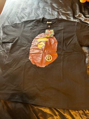 Bape Black Tee with Brown and Yellow Ape Head